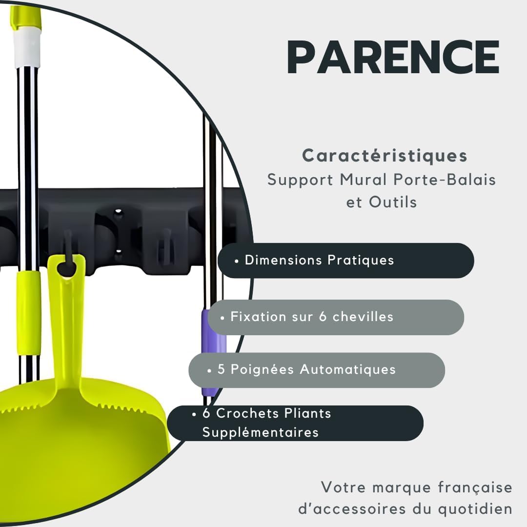 PARENCE.- Support Mural Porte-Balais Et Outils – Râtelier De Rangement 5 Emplacements Automatiques + 6 Crochets Pliants | Organisateur Mural Garage