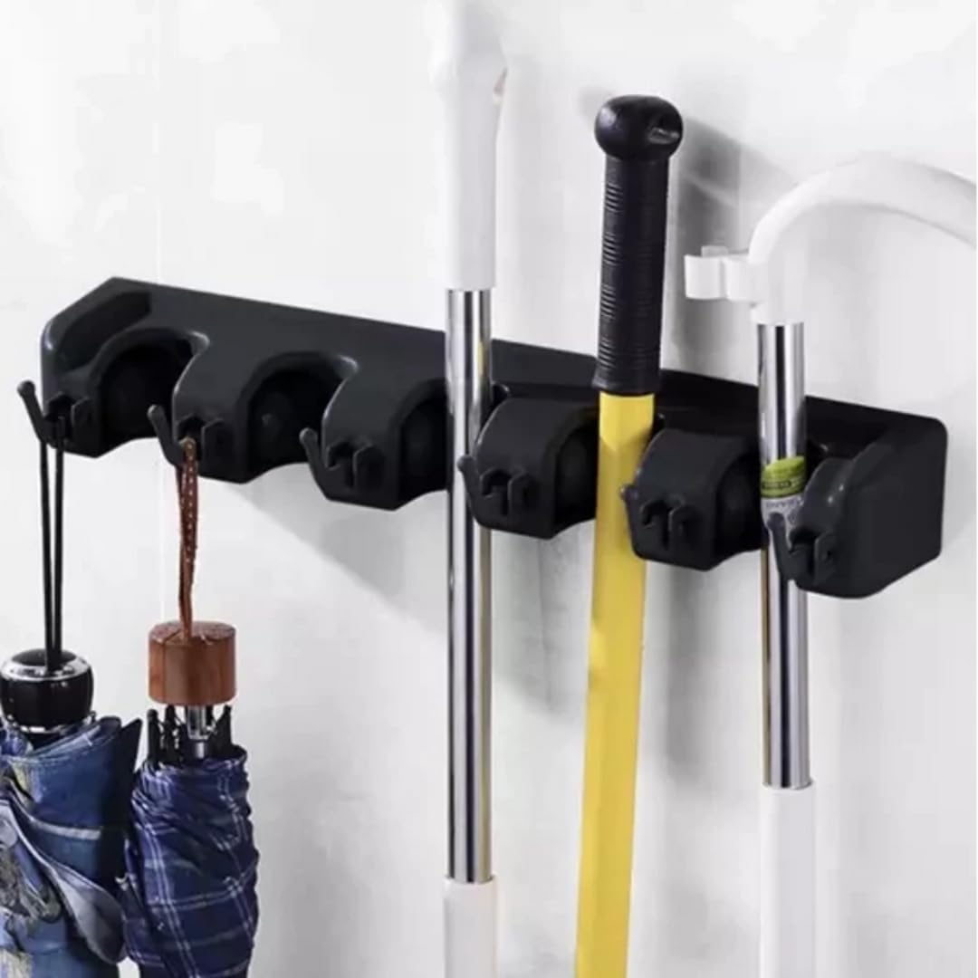  PARENCE.- Support Mural Porte-Balais Et Outils – Râtelier De Rangement 5 Emplacements Automatiques + 6 Crochets Pliants | Organisateur Mural Garage