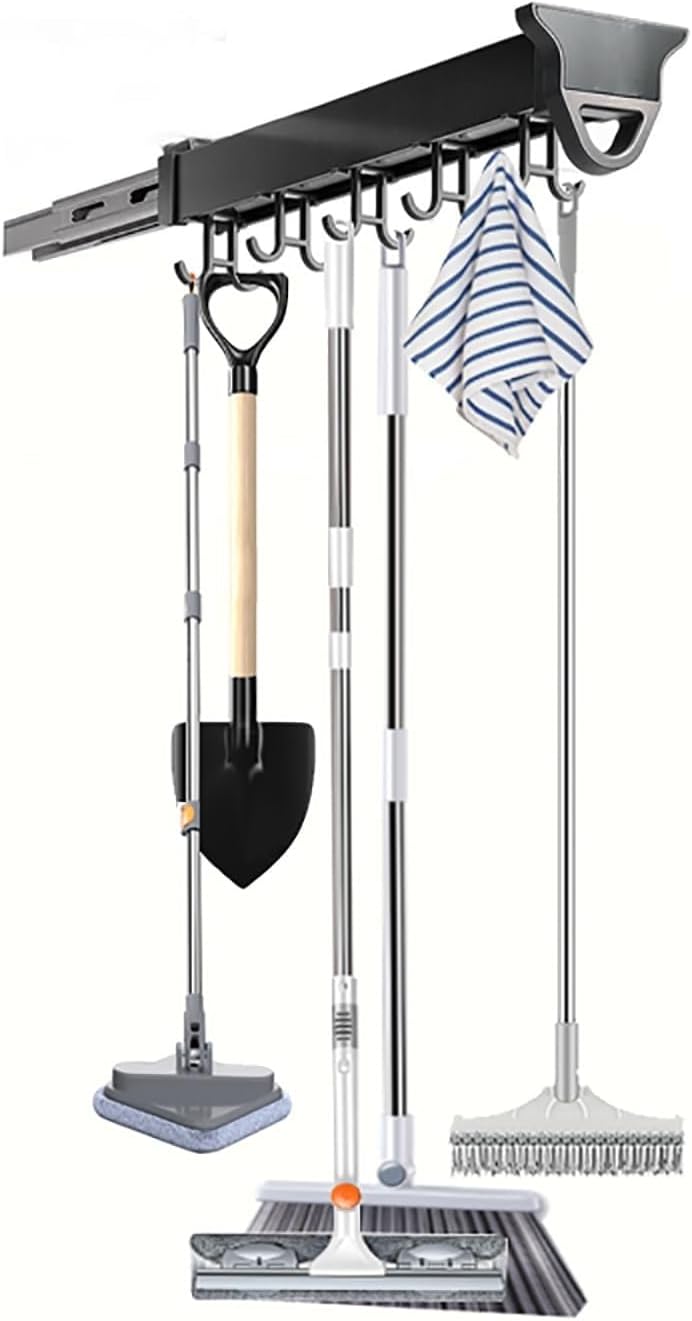  Support De Balai Et De Serpillère Extractible, Organisateur De Rangement Coulissant Pour Placard, Organisation Et Rangement De La Buanderie, Crochets D'organisation Du Garage(14.17in-12 Hook)