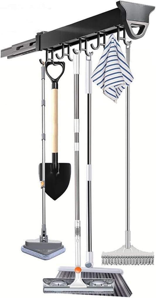  Support De Balai Et De Serpillère Extractible, Organisateur De Rangement Coulissant Pour Placard, Organisation Et Rangement De La Buanderie, Crochets D'organisation Du Garage(14.17in-12 Hook)
