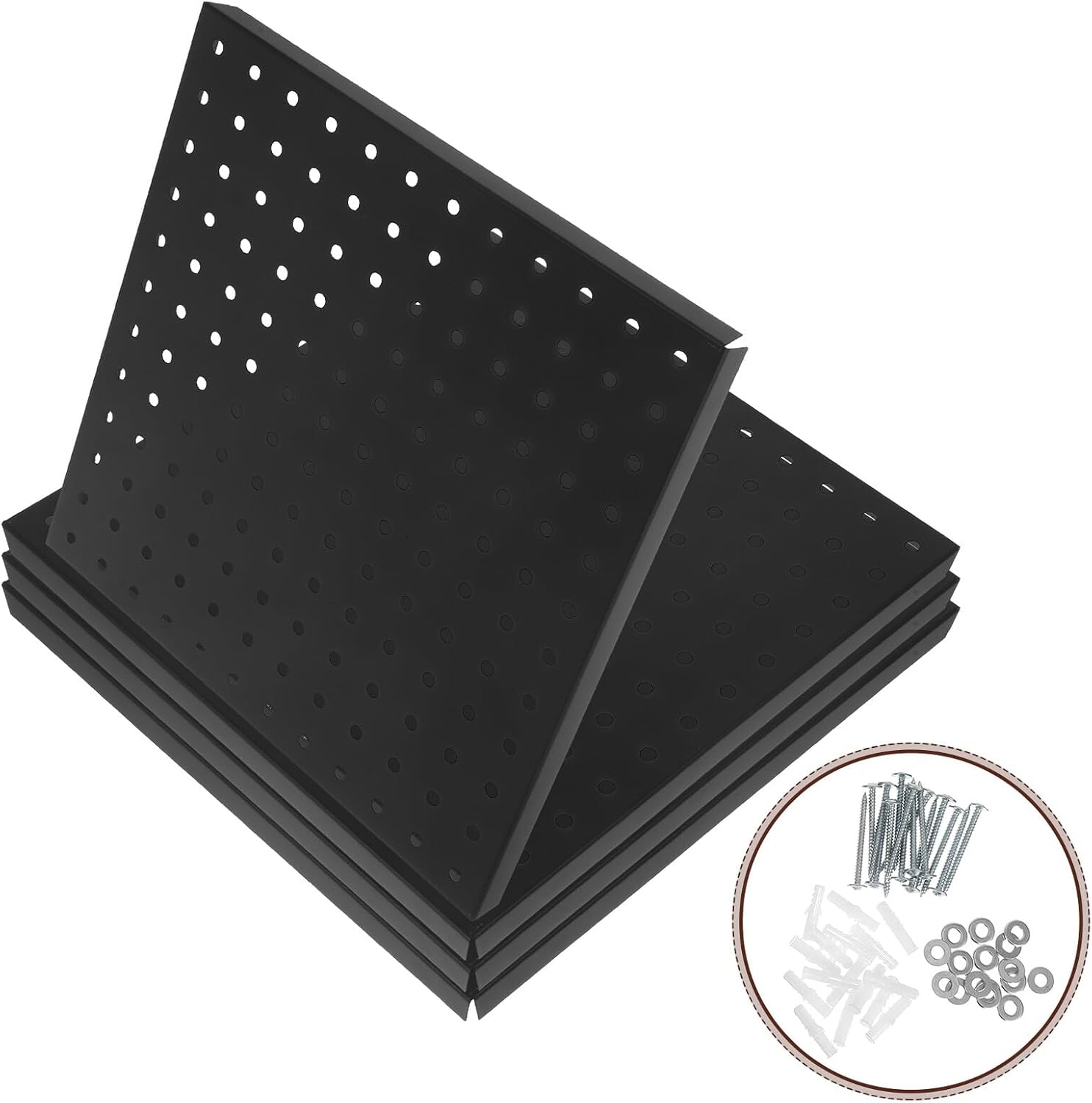  Healvian Panneau Perforé Métallique Robuste 305 CM Carré Lot De 4 Organisateur Mural Pour Rangement Outils La Cuisine Bureau Garage Finition Noire Support Charge Lourde
