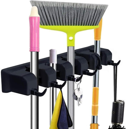 PARENCE.- Support Mural Porte-Balais Et Outils – Râtelier De Rangement 5 Emplacements Automatiques + 6 Crochets Pliants | Organisateur Mural Garage