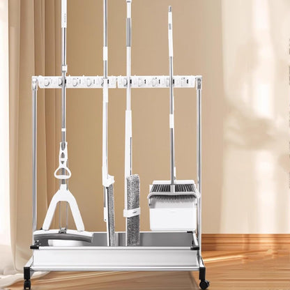 GENERIC Support De Balai Mobile En Acier Inoxydable, égouttoir à Balai Sur Pied, Chariot à Outils De Nettoyage Avec Crochets Pour écoles Et Restaurants (68 X 51 X 109 Cm-B)
