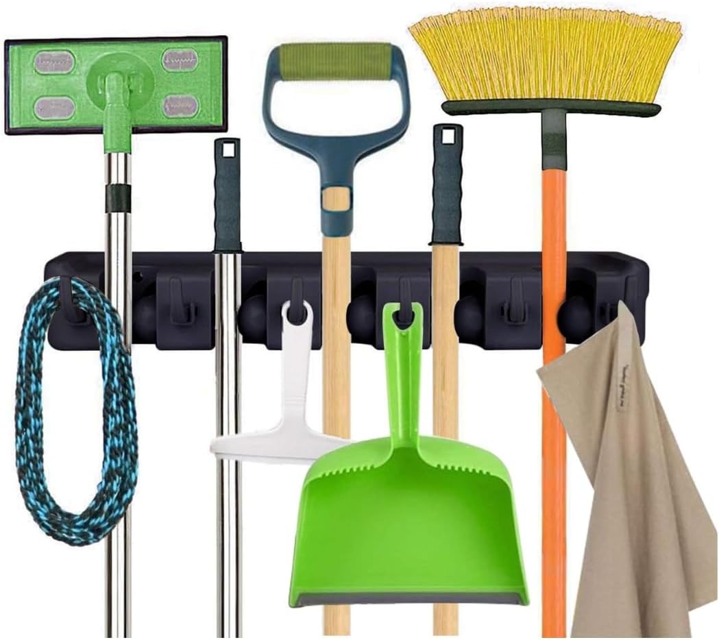  PARENCE.- Support Mural Porte-Balais Et Outils – Râtelier De Rangement 5 Emplacements Automatiques + 6 Crochets Pliants | Organisateur Mural Garage