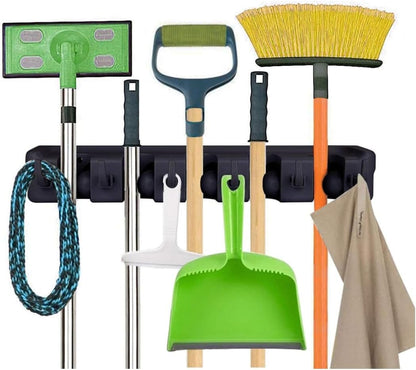  PARENCE.- Support Mural Porte-Balais Et Outils – Râtelier De Rangement 5 Emplacements Automatiques + 6 Crochets Pliants | Organisateur Mural Garage