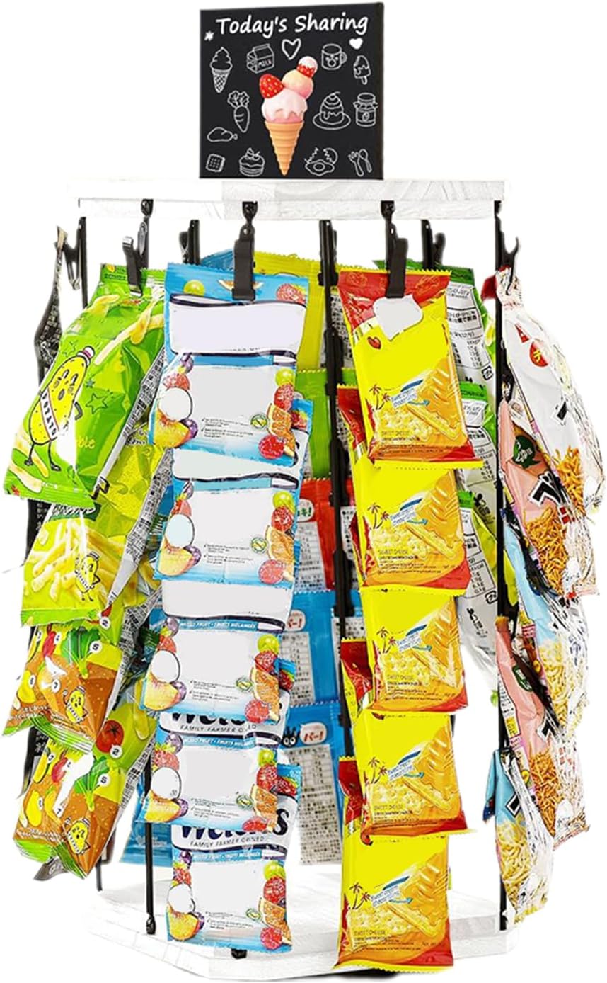 Présentoir À Snacks Pour Comptoir,Support À Chips Organisateur Avec Porte-Étiquettes - Présentoir Tournant 5 Niveaux 40 Pinces, Organisateur De Cuisine Avec Base En Bois Et Tableau D'Affichage Pour Co