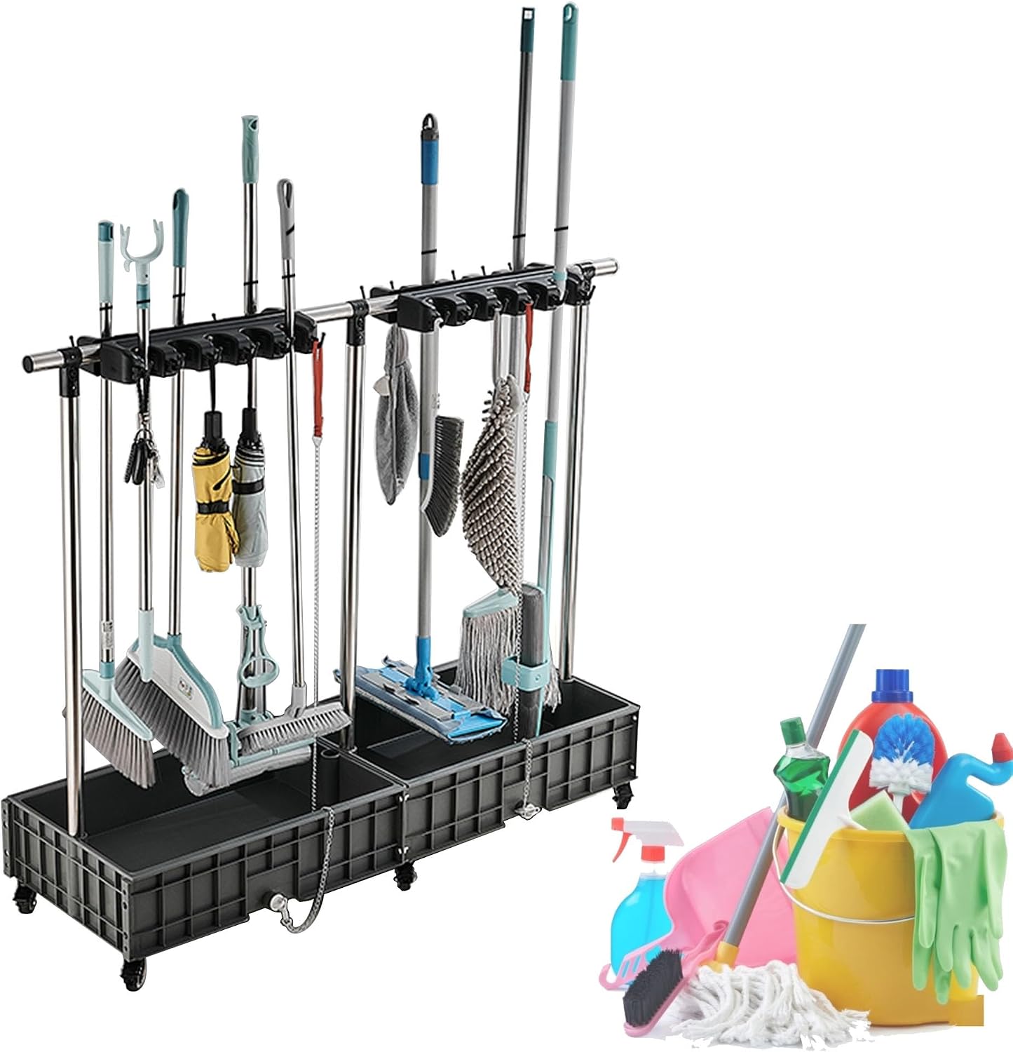  Support De Balai, Support Mobile Pour Balai Et Serpillère, Fournitures De Nettoyage Pour Le Ménage, Seau à Balai, Chariots De Nettoyage Sur Roues, Organisateur D'outils De Jardin, égouttoir