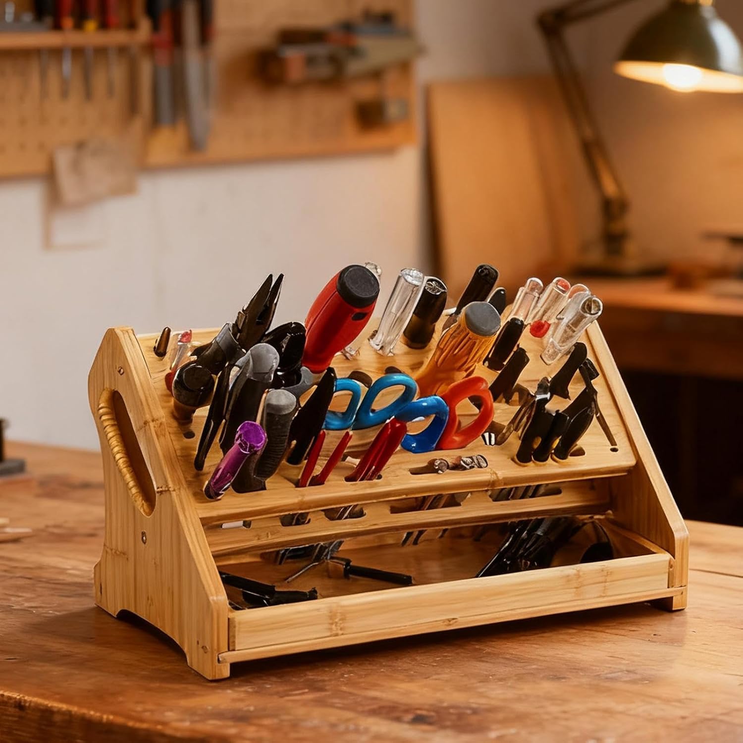  Support à Outils D'atelier - Support De Tournevis Pour Réparation De Loisirs - Organiseur En Bois à 53 Trous Avec Plateau - Design De Rangement Compact Pour Bureau, Bibliothèque, Garage, Camion