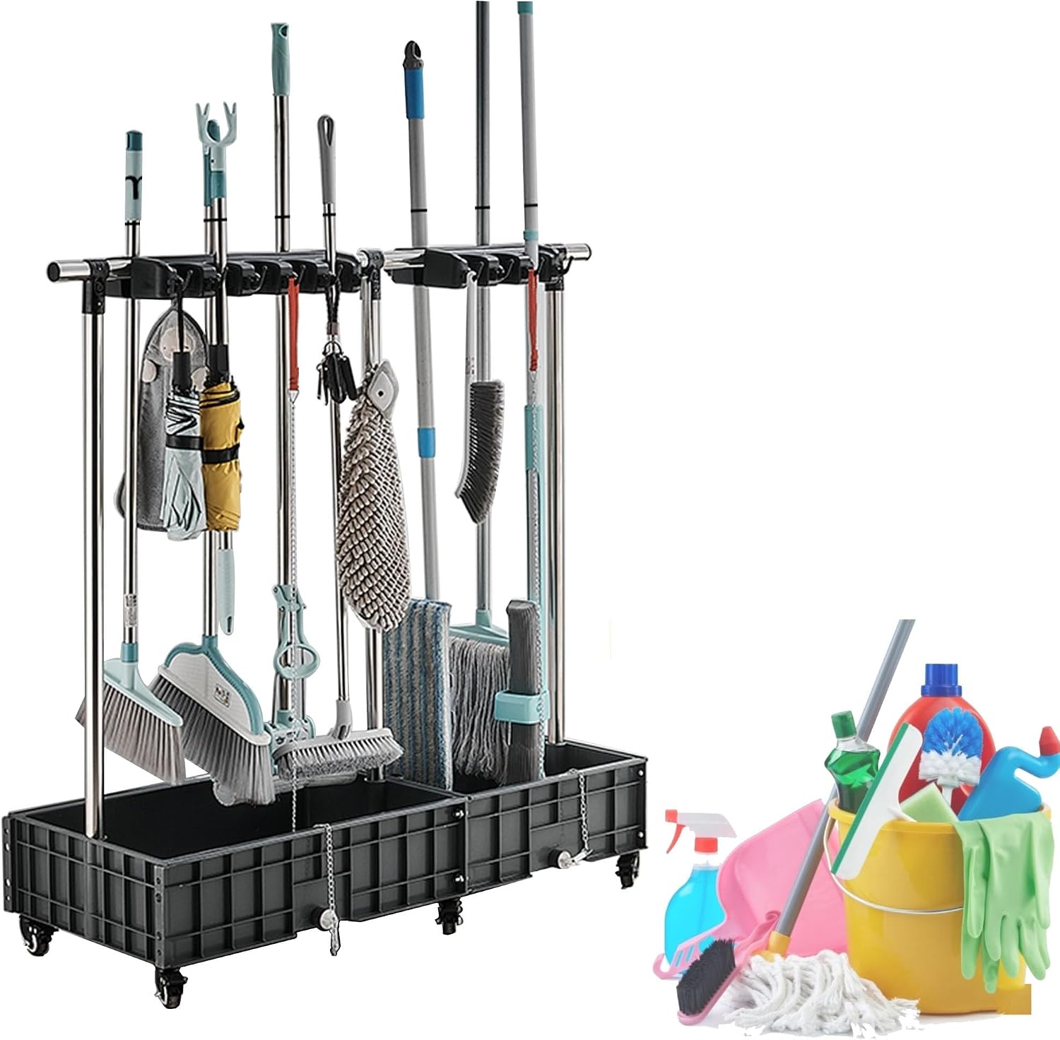  Support De Balai, Support Mobile Pour Balai Et Serpillère, Fournitures De Nettoyage Pour Le Ménage, Seau à Balai, Chariots De Nettoyage Sur Roues, Organisateur D'outils De Jardin, égouttoir