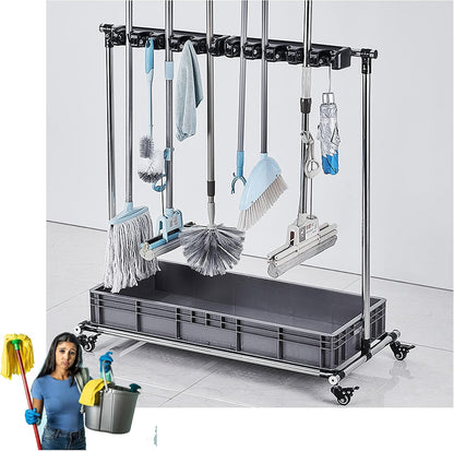  Chariot Porte-Balai Mobile Sur Pied - Outil De Nettoyage Utilitaire Avec Roulettes, Rangement Pour Outils De Jardin, Porte-Parapluie Et égouttoir Pour Serpillières, Placards Et Hôpitaux