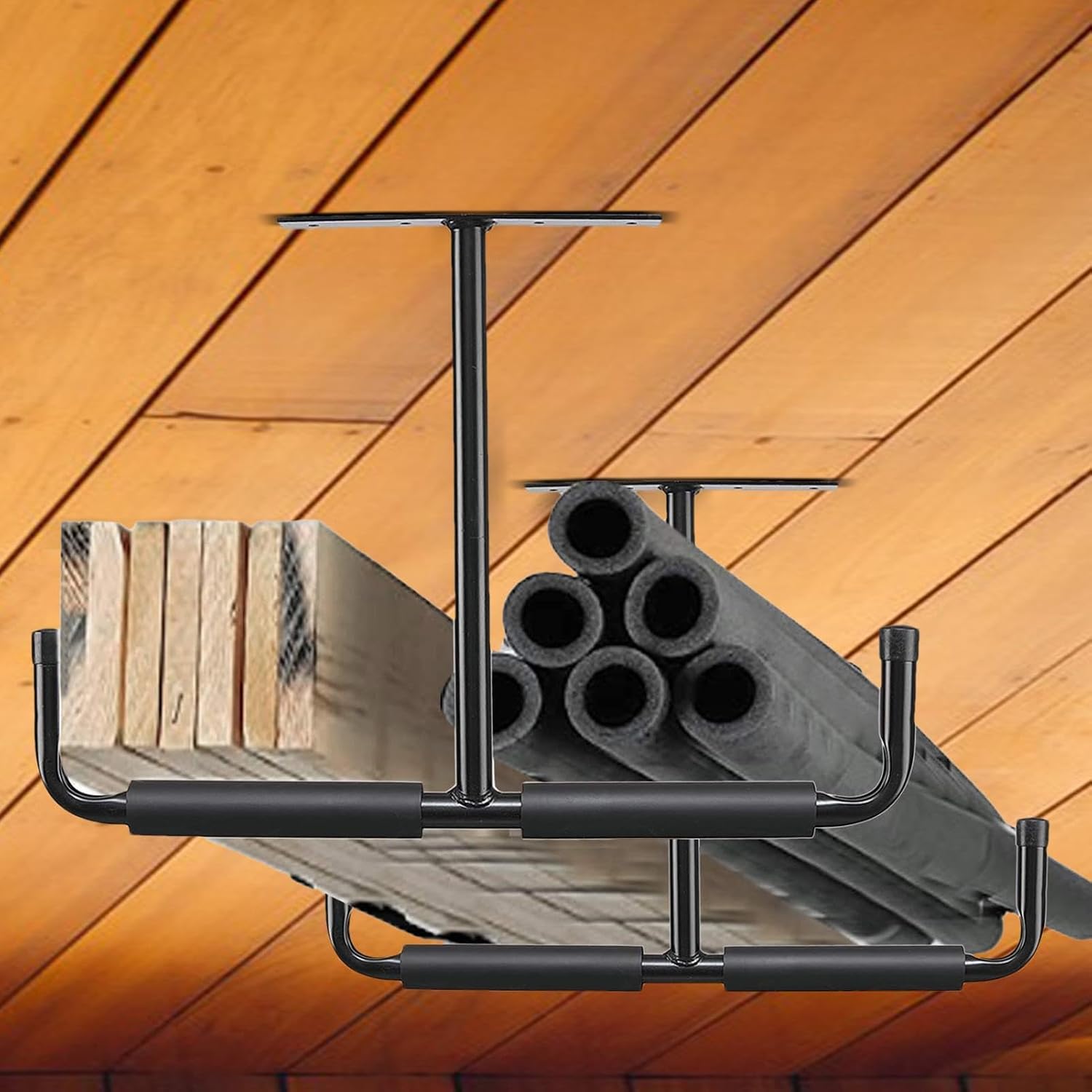  Rack De Rangement Suspendu Pour Garage - Support En T Métallique 2 Pièces | Suspensions Plafond Garage - Pour Échelle, Bois, Équipements Sportifs, Pelles, Cannes À Pêche, Skis, Cave, Abri De