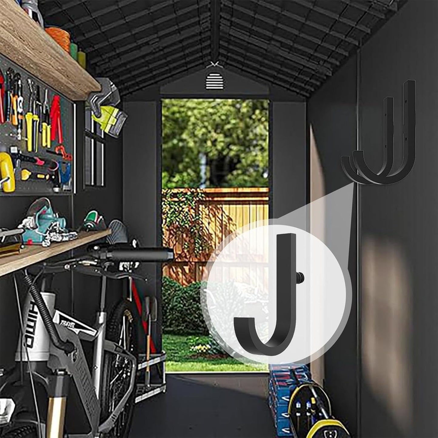 Genérico Shed Mount Tool Hooks | J-Shaped Tools Storage Hooks For Efficient Organization | Space-Saving Hooks For Gardening And Woodworking Tools, Water Hose, And Pry Bar