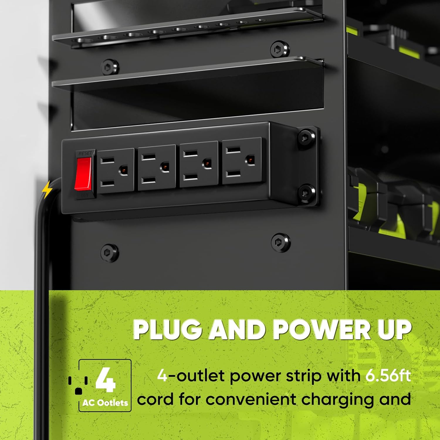  POKIPO Grand Support Mural Pour Outils électriques Avec Station De Charge, 4 Couches En Métal Robuste, Charge 272,2 Kg Avec 8 Porte-perceuses Sans Fil, Charge De Batterie Avec 4 Multiprises