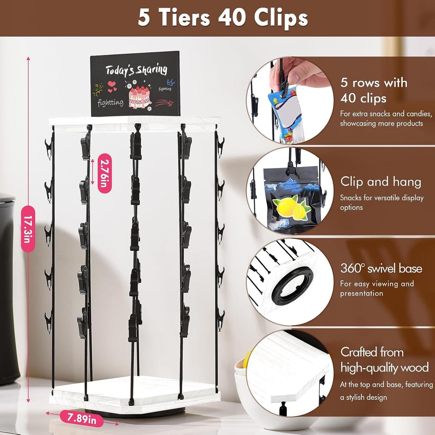  Générique Présentoir à Chips | Présentoir à Snacks Pour Commerces - Support Tournant 360° Avec Tableau D'Affichage, Base En Bois Organisateur De Stockage Alimentaire Pour Bonbons Et Maison Magasin