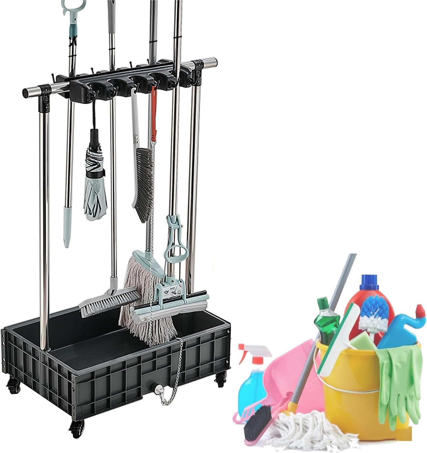  Support De Balai, Support Mobile Pour Balai Et Serpillère, Fournitures De Nettoyage Pour Le Ménage, Seau à Balai, Chariots De Nettoyage Sur Roues, Organisateur D'outils De Jardin, égouttoir