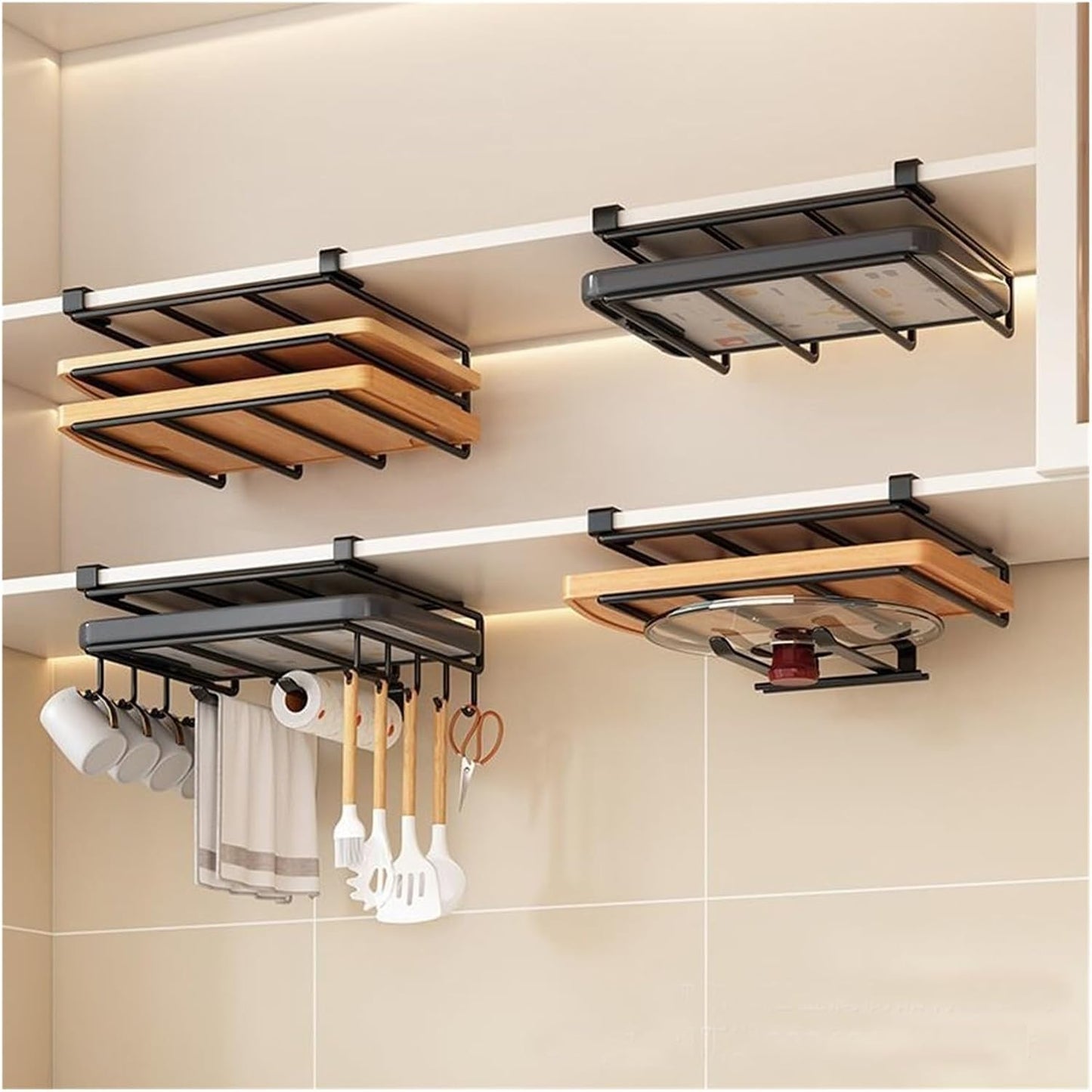  Support Organisateur Suspendu Sous Armoire De Cuisine Avec Crochets, Support Polyvalent(Shuangceng A)