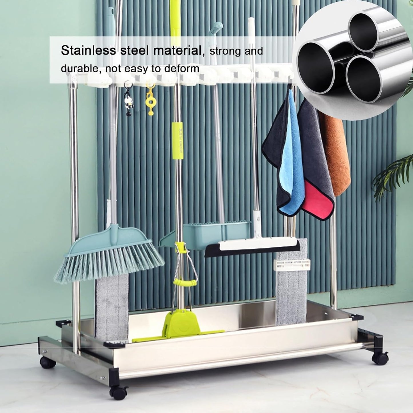 GENERIC Support De Balai Mobile En Acier Inoxydable, égouttoir à Balai Sur Pied, Chariot à Outils De Nettoyage Avec Crochets Pour écoles Et Restaurants (68 X 51 X 109 Cm-B)