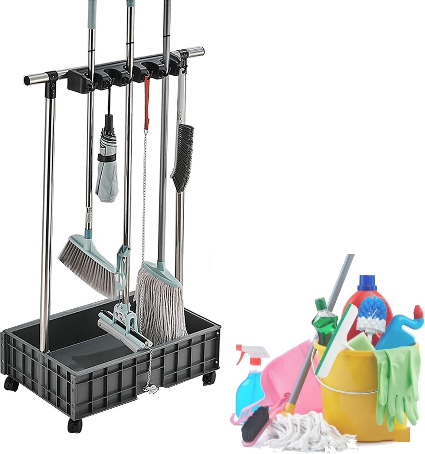 Support De Balai, Support Mobile Pour Balai Et Serpillère, Fournitures De Nettoyage Pour Le Ménage, Seau à Balai, Chariots De Nettoyage Sur Roues, Organisateur D'outils De Jardin, égouttoir