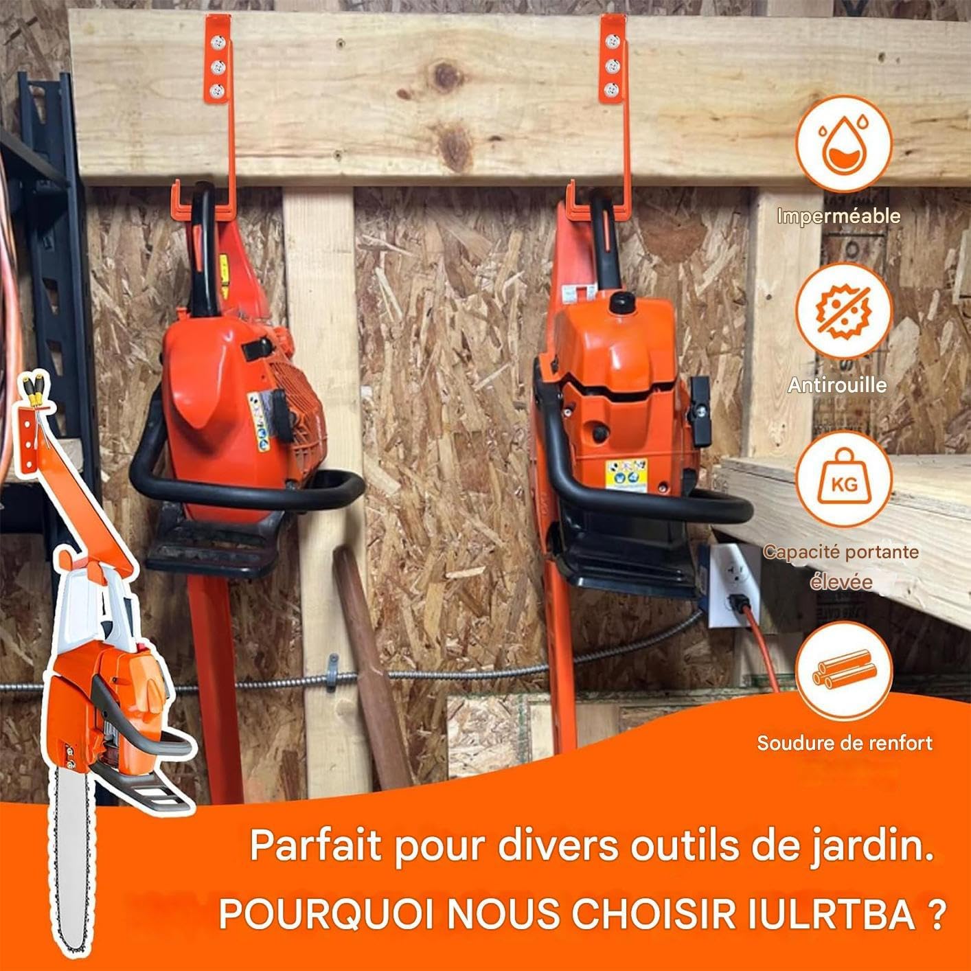  Porte-Tronçonneuse En Acier Inoxydable - Support Mural De Rangement Pour Outils De Garage - Support Lourd Pour Atelier Maison Jardin Affichage Outil Capacité 82 Kg