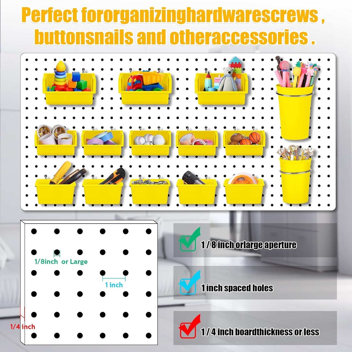  Roowest Lot De 60 Bacs Muraux En Panneau Perforé Avec Crochets Et Boucles, Crochets Pour Rangement De Bureau, Garage, Atelier (jaune)