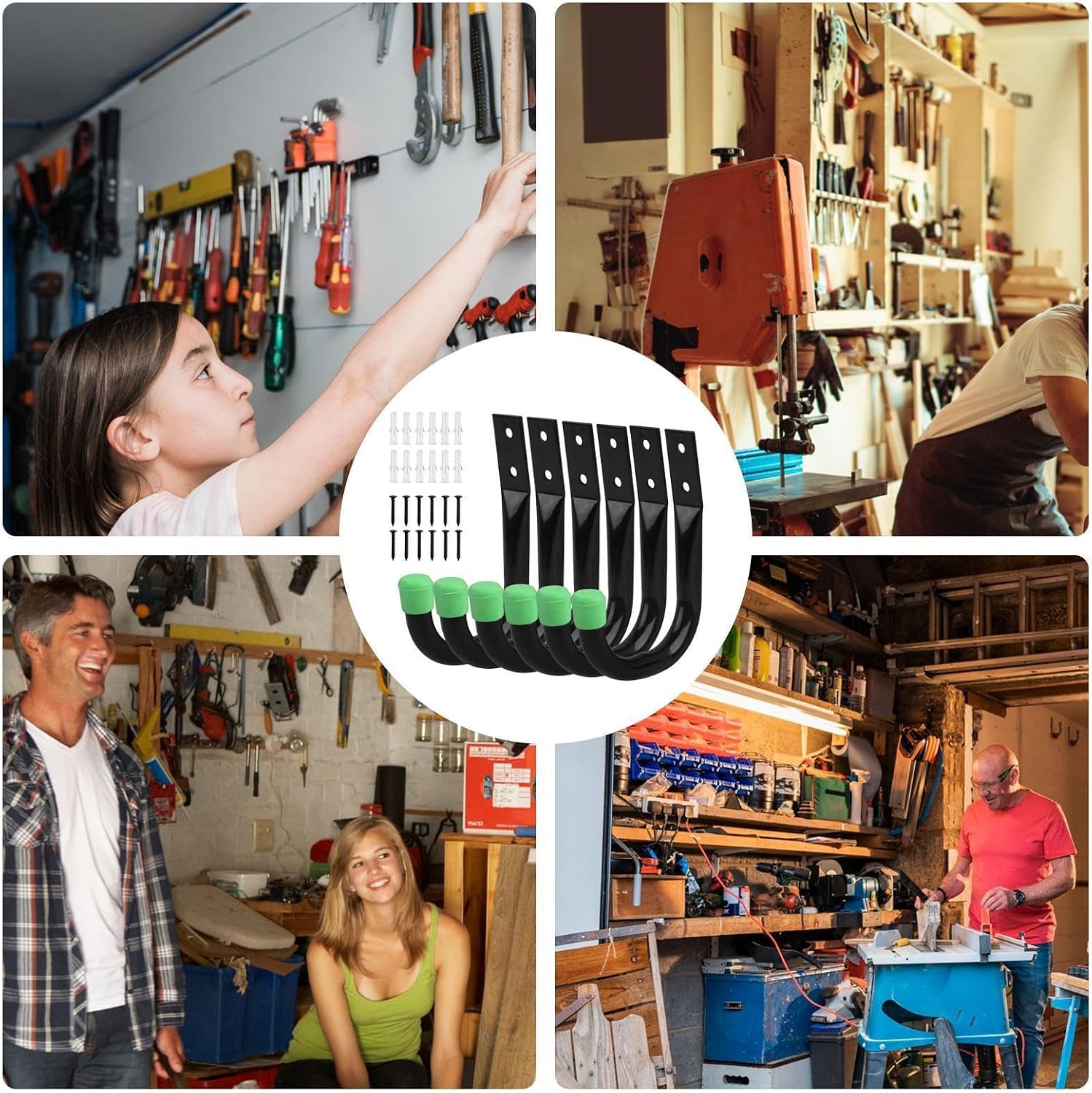 GENERIC Porte-outils Pour Mur De Garage - Cintre En Forme De J | Système De Rangement Mural, 6 Pièces (1 Ensemble) Crochets En J Robustes, Organisateur Monté Pour Vélos, échelles, Tuyaux, Outils | Garages