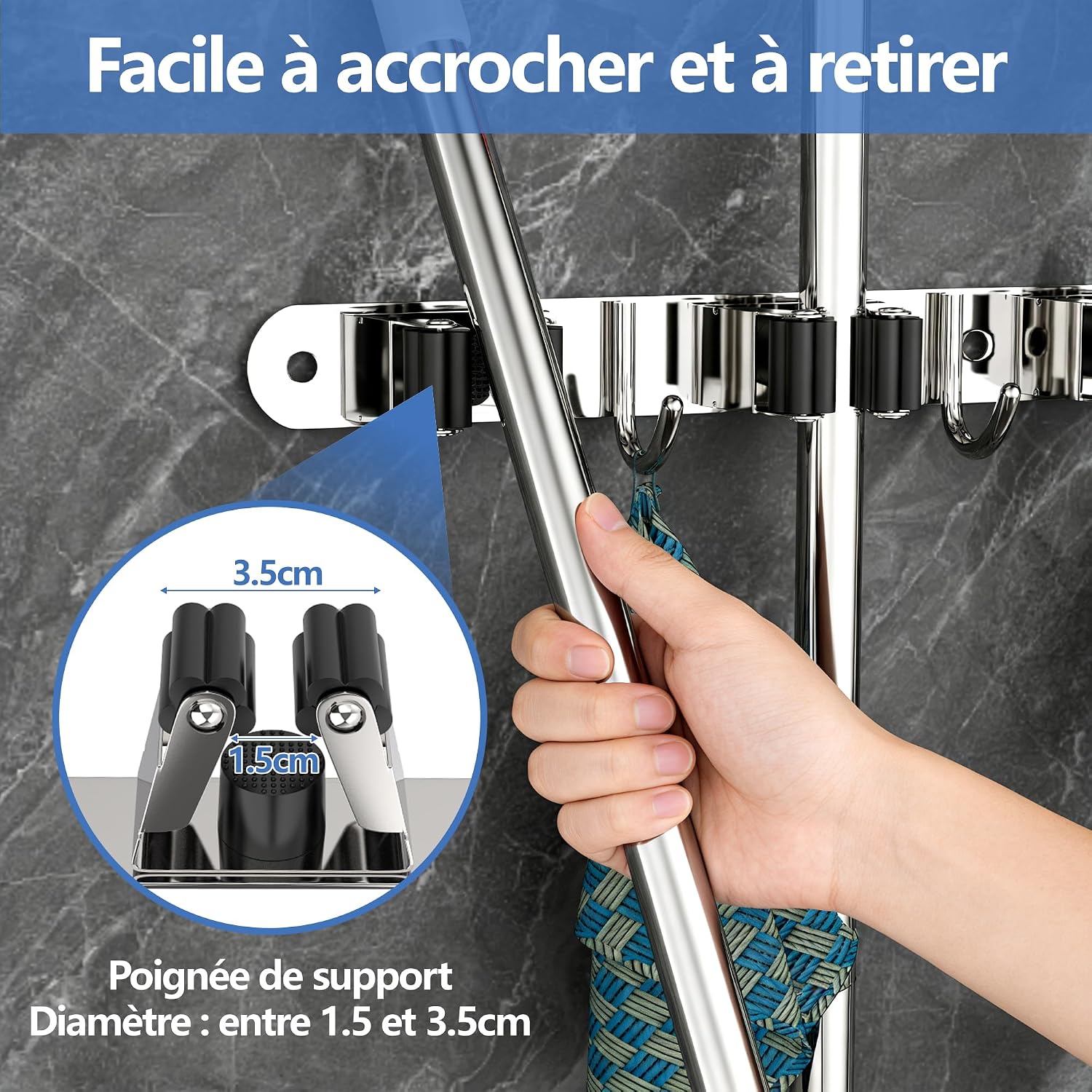 Accroche Balai Mural, Support Balai Pour Balais Avec 5 Supports Et 4 Crochets à Clouer Avec Percage Ou Adhésif San Percage Pour La Cuisine, Le Garage, Le Jardin, Argent