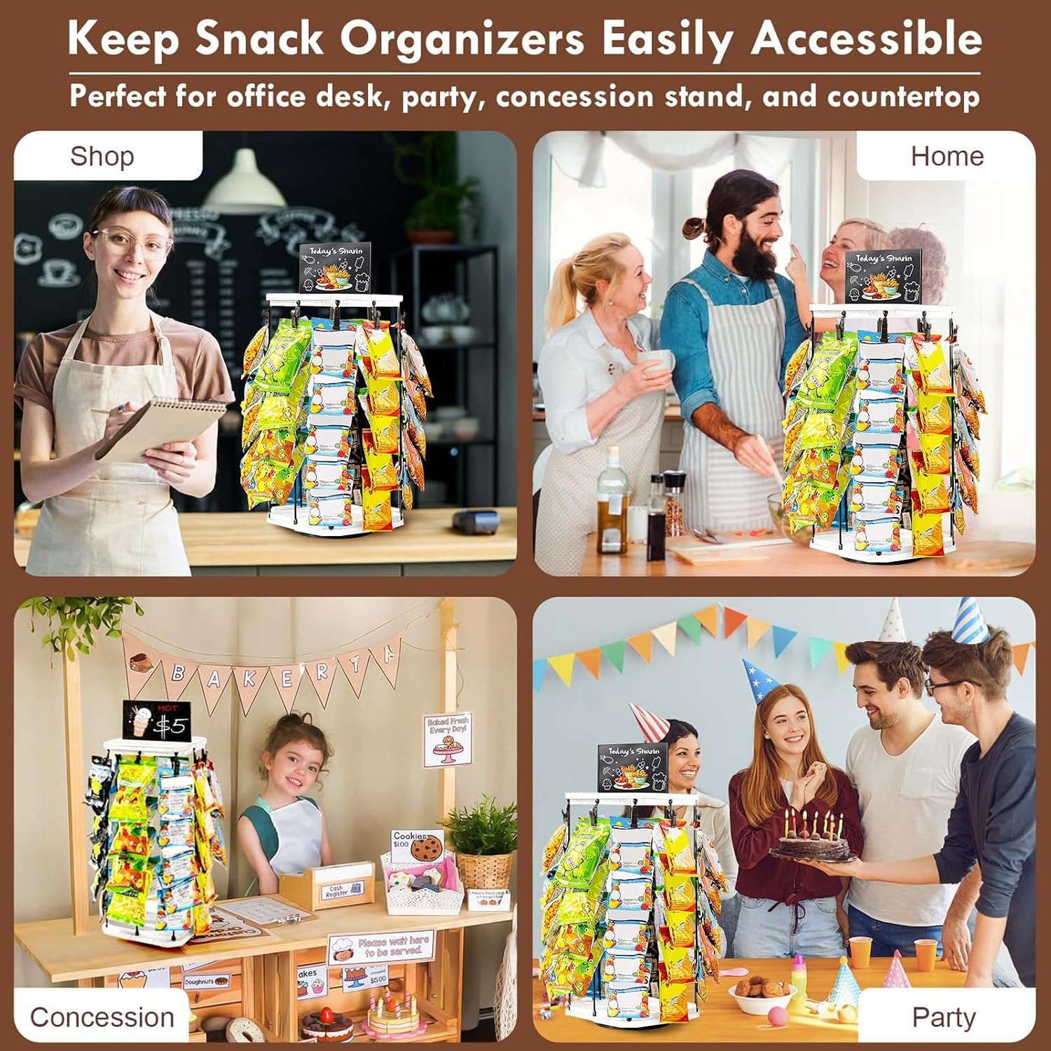  Présentoir À Snacks Pour Comptoir,Support À Chips Organisateur Avec Porte-Étiquettes - Présentoir Tournant 5 Niveaux 40 Pinces, Organisateur De Cuisine Avec Base En Bois Et Tableau D'Affichage Pour Co