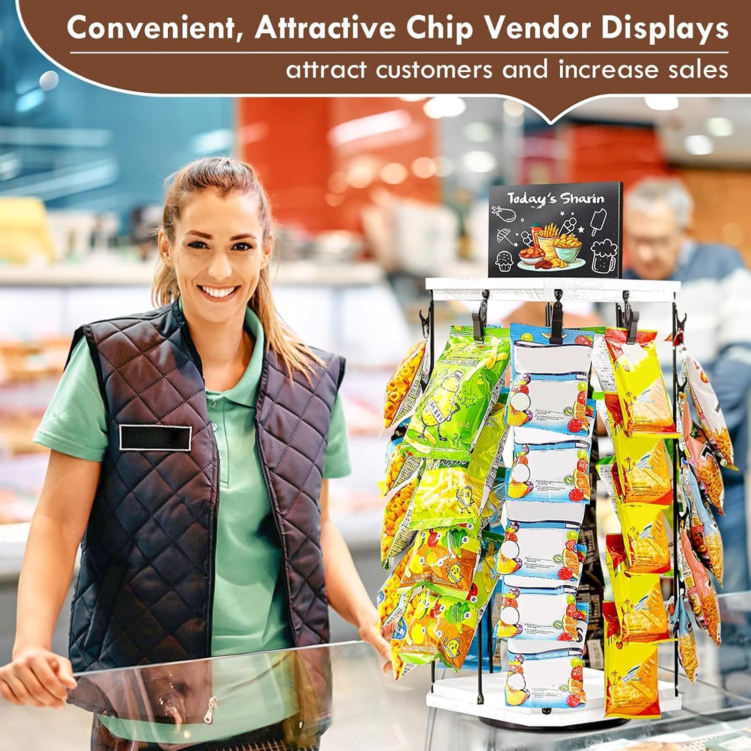  Présentoir À Snacks Pour Comptoir,Support À Chips Organisateur Avec Porte-Étiquettes - Présentoir Tournant 5 Niveaux 40 Pinces, Organisateur De Cuisine Avec Base En Bois Et Tableau D'Affichage Pour Co