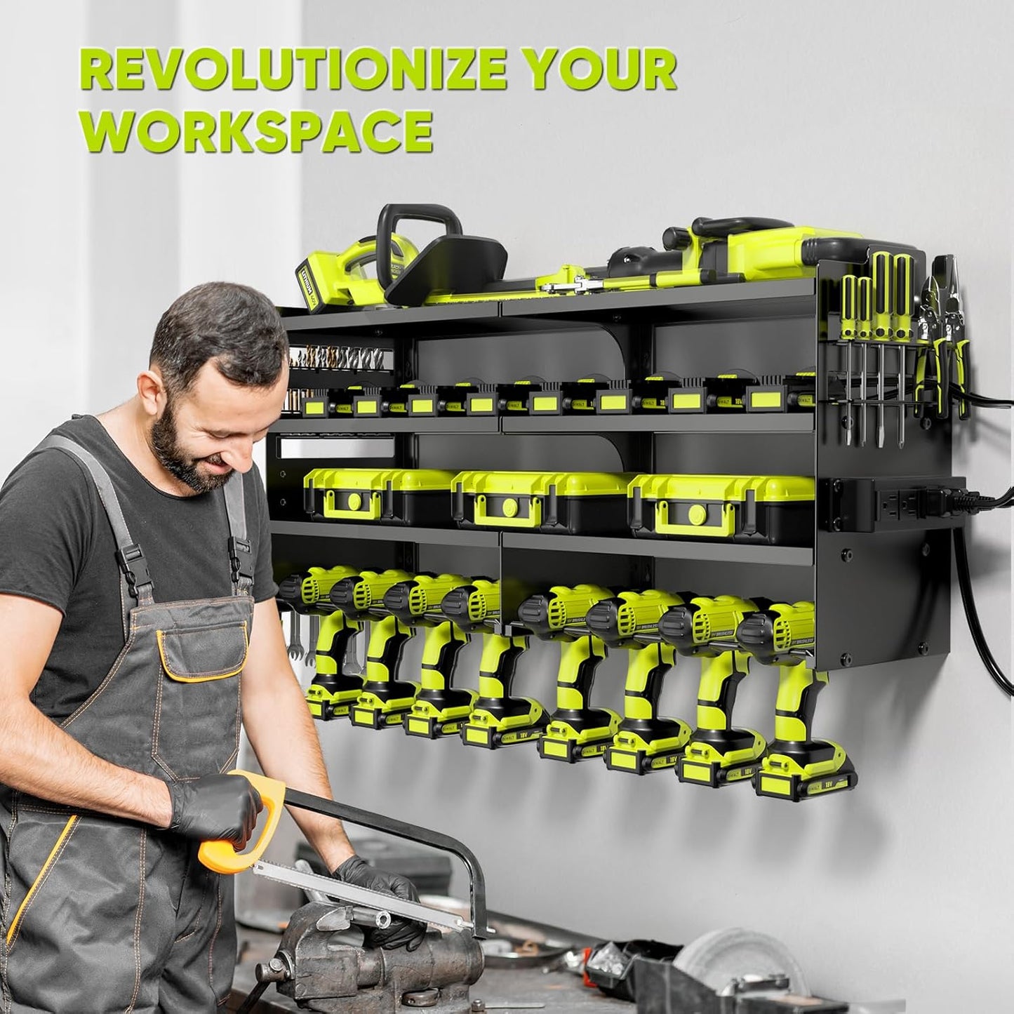 POKIPO Grand Support Mural Pour Outils électriques Avec Station De Charge, 4 Couches En Métal Robuste, Charge 272,2 Kg Avec 8 Porte-perceuses Sans Fil, Charge De Batterie Avec 4 Multiprises
