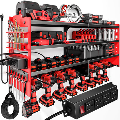  POKIPO Grand Support Mural Pour Outils électriques Avec Station De Charge, 4 Couches En Métal Robuste, Charge 272,2 Kg Avec 8 Porte-perceuses Sans Fil, Charge De Batterie Avec 4 Multiprises