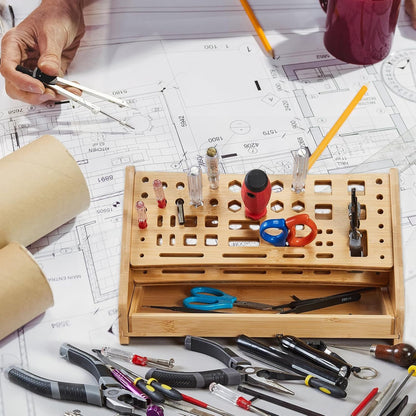  Support à Outils D'atelier - Support De Tournevis Pour Réparation De Loisirs - Organiseur En Bois à 53 Trous Avec Plateau - Design De Rangement Compact Pour Bureau, Bibliothèque, Garage, Camion