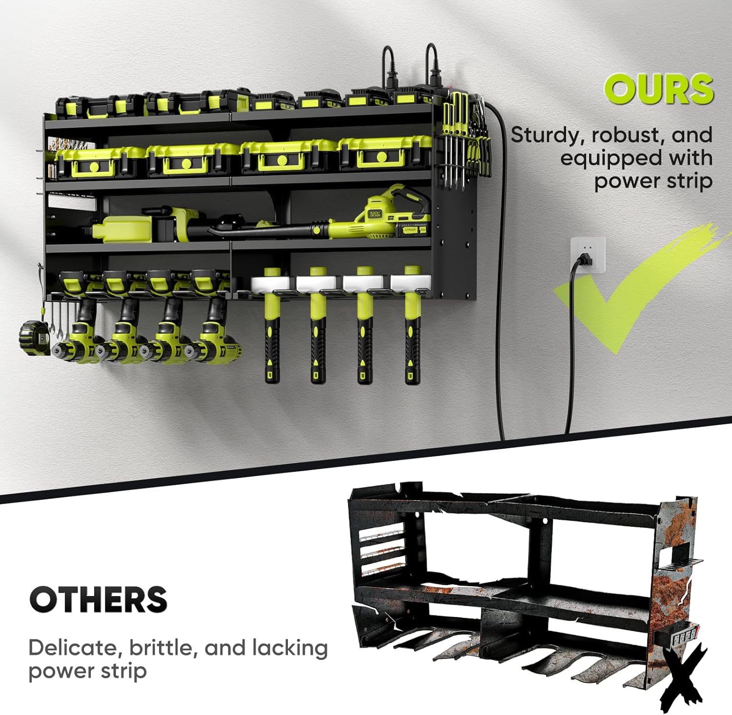  POKIPO Grand Support Mural Pour Outils électriques Avec Station De Charge, 4 Couches En Métal Robuste, Charge 272,2 Kg Avec 8 Porte-perceuses Sans Fil, Charge De Batterie Avec 4 Multiprises