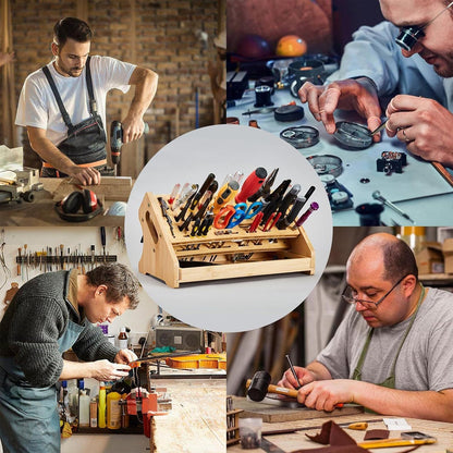  Générique Porte-Tournevis,Support De Rangement En Bois à 53 Trous Avec Plateau - Organisateur De Petits Outils - Pour Bricolage Réparation Établi Bureau Panneau Perforé Garage Intérieur Extérieur