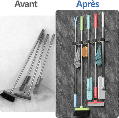 Accroche Balai Mural, Support Balai Pour Balais Avec 5 Supports Et 4 Crochets à Clouer Avec Percage Ou Adhésif San Percage Pour La Cuisine, Le Garage, Le Jardin, Argent