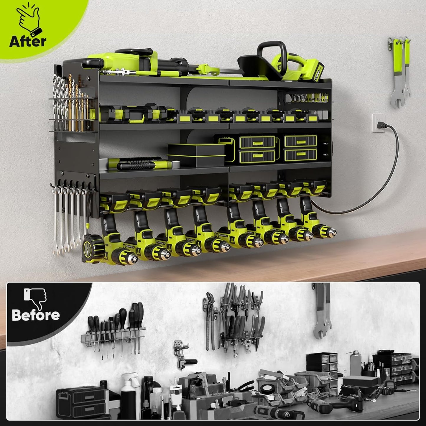  POKIPO Grand Support Mural Pour Outils électriques Avec Station De Charge, 4 Couches En Métal Robuste, Charge 272,2 Kg Avec 8 Porte-perceuses Sans Fil, Charge De Batterie Avec 4 Multiprises