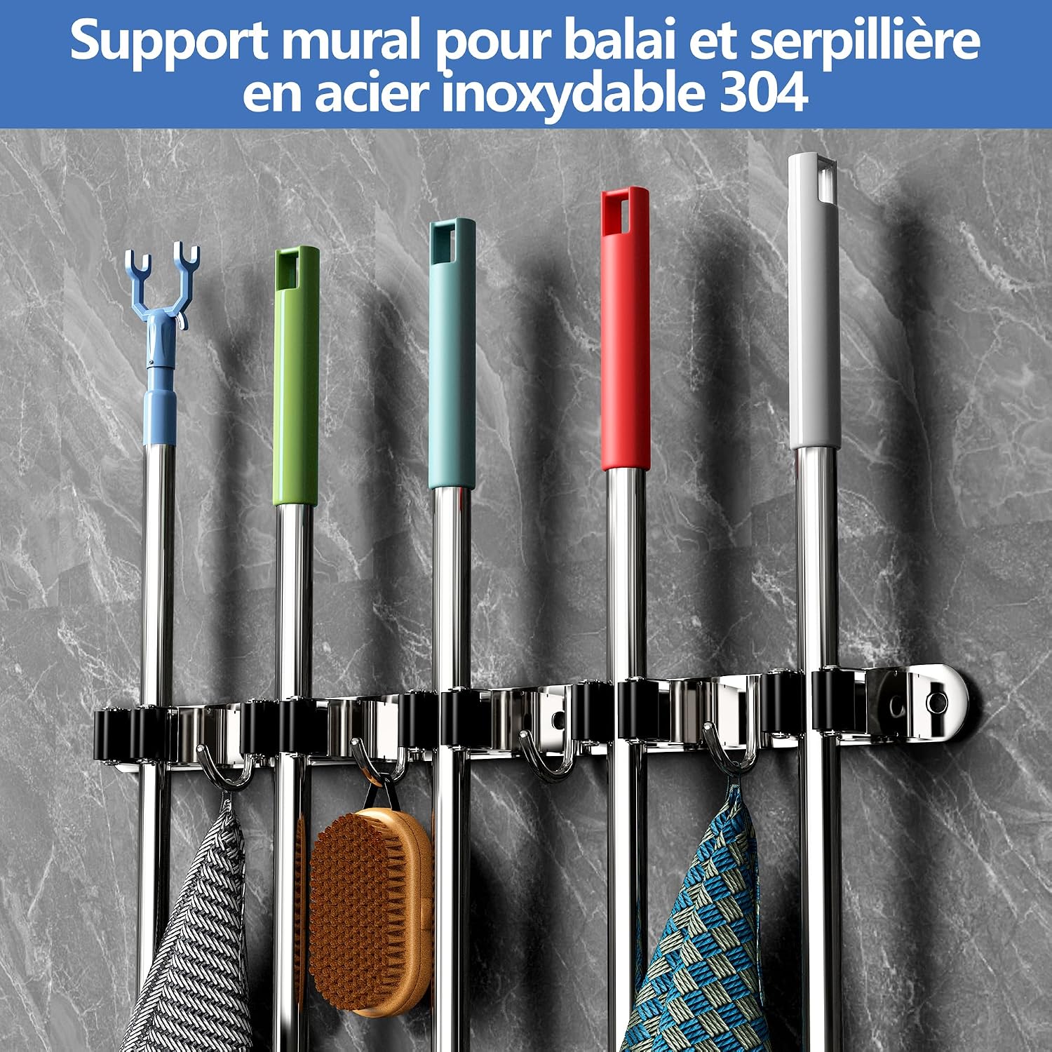  Accroche Balai Mural, Support Balai Pour Balais Avec 5 Supports Et 4 Crochets à Clouer Avec Percage Ou Adhésif San Percage Pour La Cuisine, Le Garage, Le Jardin, Argent