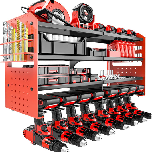  Support Mural En Métal Pour Outils électriques, étagères De Rangement Pour Outils De Garage Avec Support De Pince à Tournevis (rouge, Support Pour 8 Perceuses)