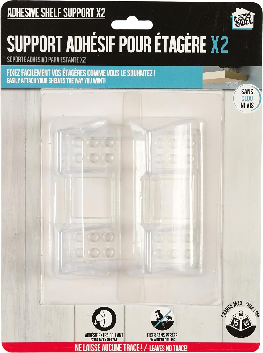  DI0063 Crochets Pour Étagère - Lot De 2 - Auto-adhésifs 15Kg - Installation Rapide - Design Discret - Polyvalent - Métal - Blanc