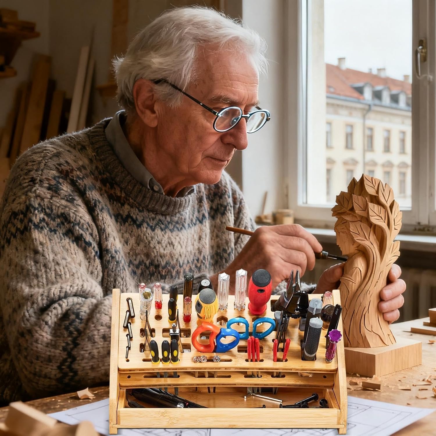  Generisch Support De Tournevis, 53 Trous, Support De Rangement En Bois, Alignement Multi-diamètre Avec Plateau De Matériel Intégré à Haut Volume Et Châssis Renforcé Pour Garage, Bureau Et Atelier