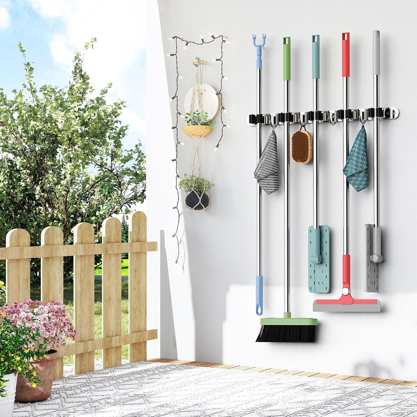 Accroche Balai Mural, Support Balai Pour Balais Avec 5 Supports Et 4 Crochets à Clouer Avec Percage Ou Adhésif San Percage Pour La Cuisine, Le Garage, Le Jardin, Argent